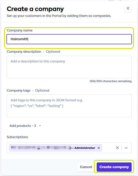 An image of the Create a company window with the Company name filled with value Hairosmith and Company description listed as Rockstar-quality fringes and cuts. The Create company button highlighted